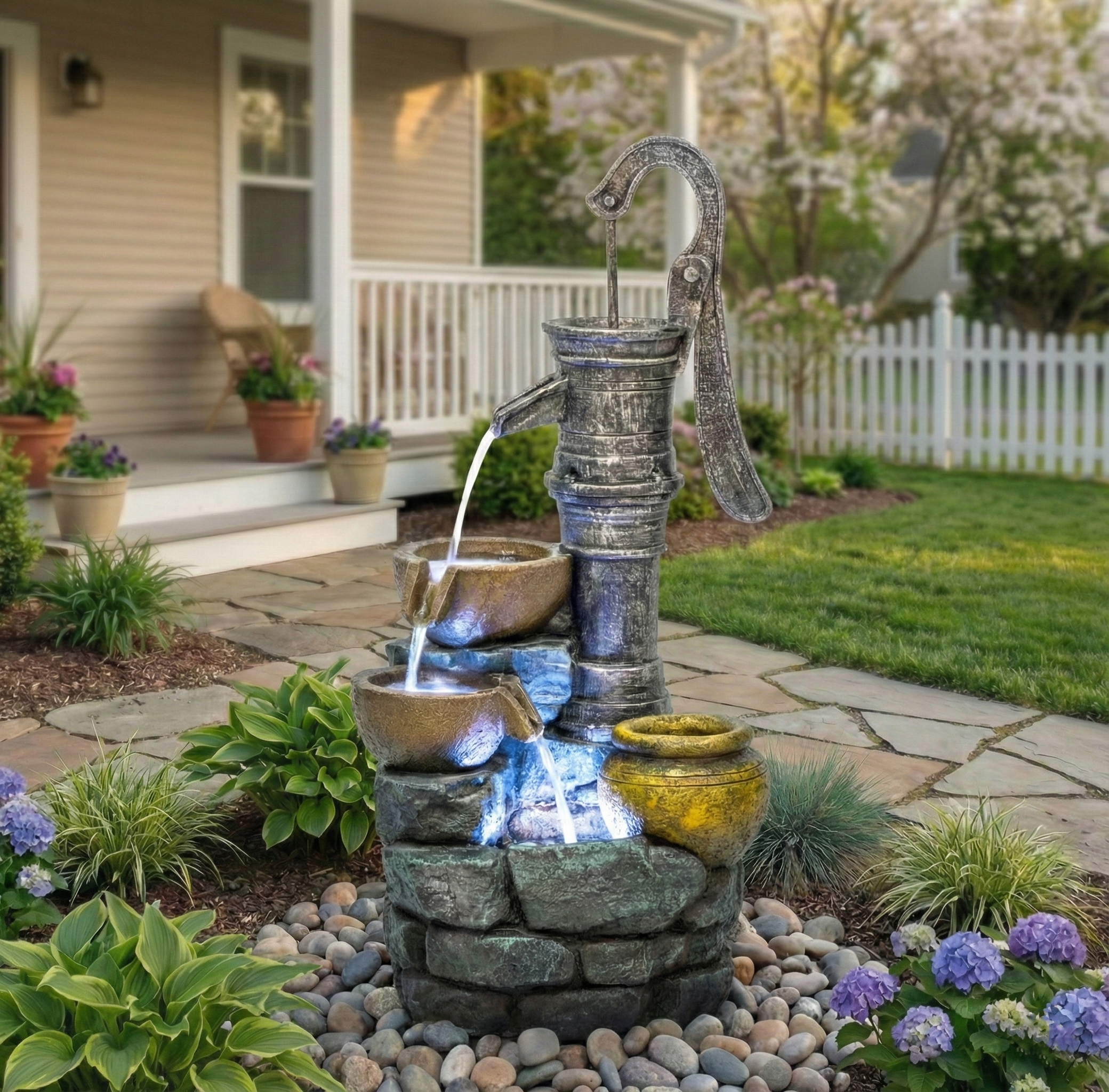 32'' H Large Outdoor Fountain with Vintage Pump