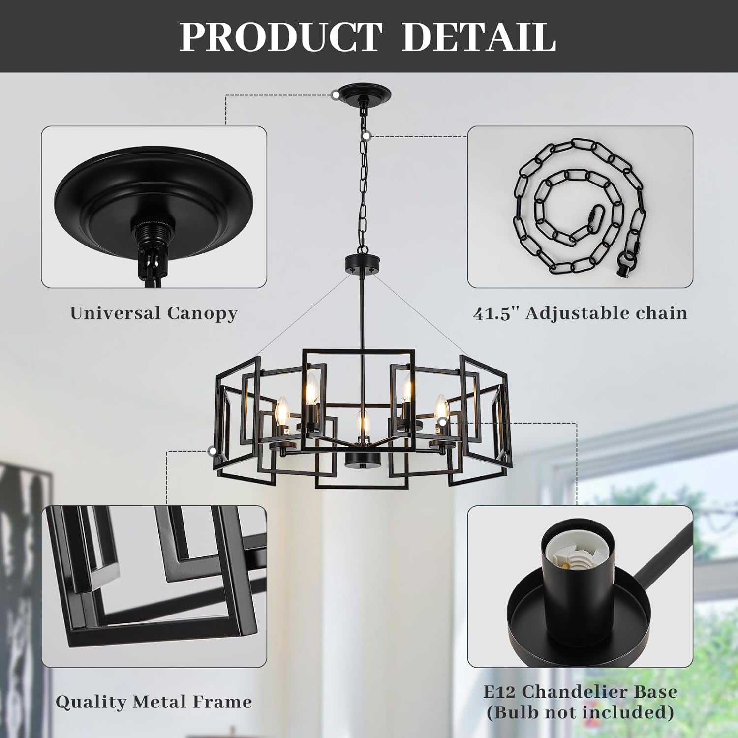 5 Light Black Geometric Chandelier Adjustable Height-3