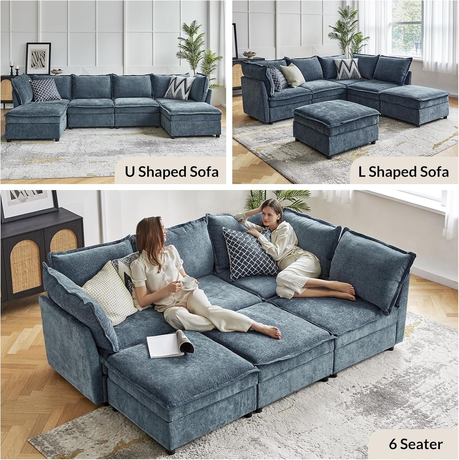 127 Inch Modular Sectional Sofa Blue Chenille U Shaped