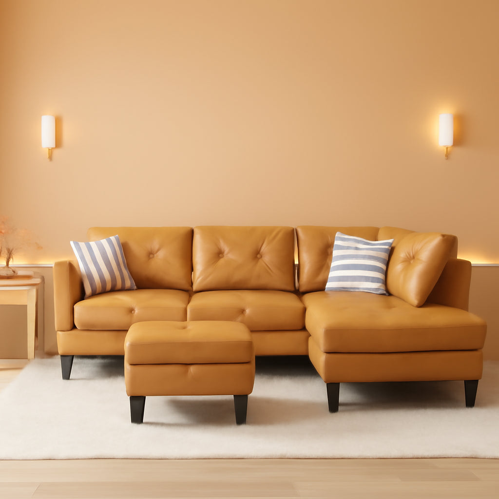 Leather Sectional Sofa L Shape With Storage Ottoman Ginger