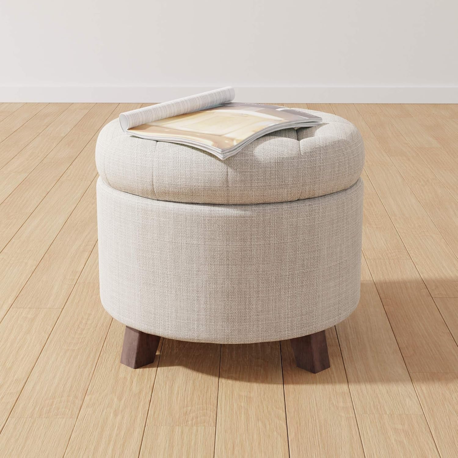 Beige Linen Round Storage Ottoman Featuring Tufting
