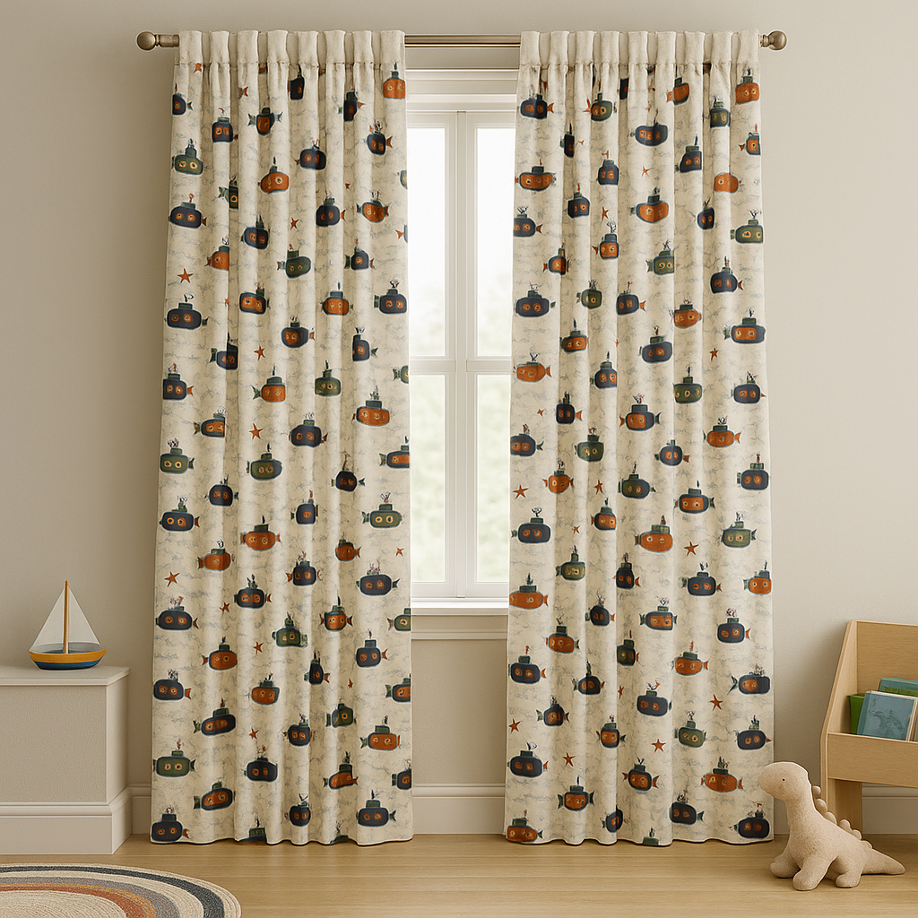 Submarine Adventure Cotton Kids Curtains – Nautical Underwater Drapes, Light-Filtering or 100 % Blackout-2