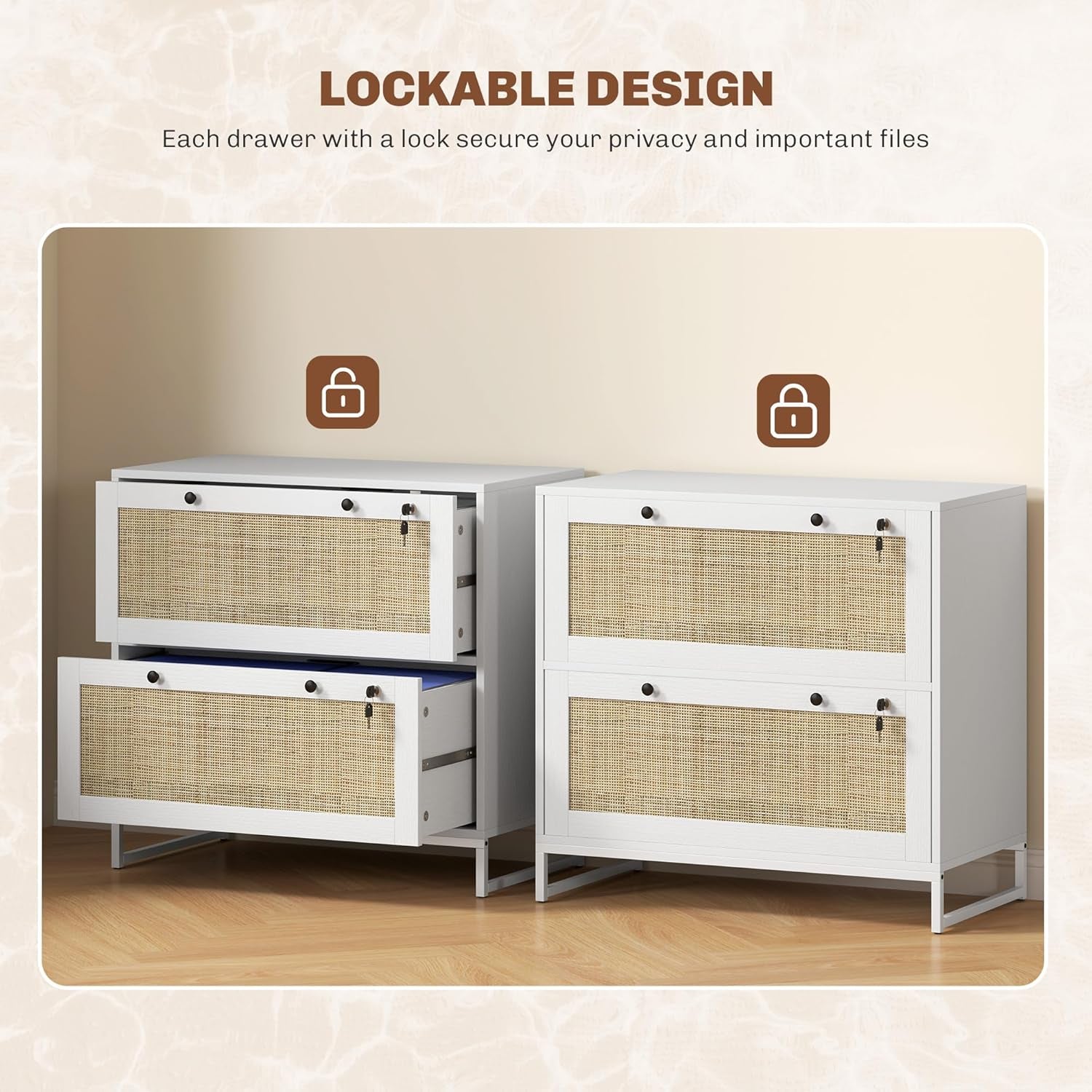 White Rattan 2 Drawer Locking Lateral File Cabinet