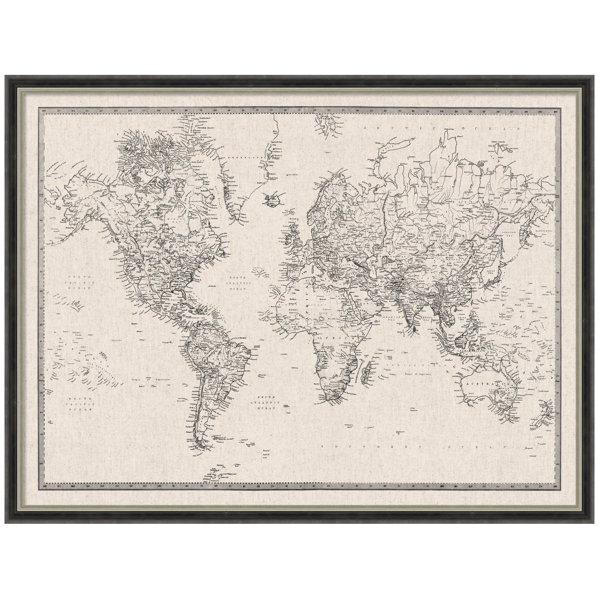 Framed Fabric Pinboard Vintage Black and White Linen World Map Wall Organization