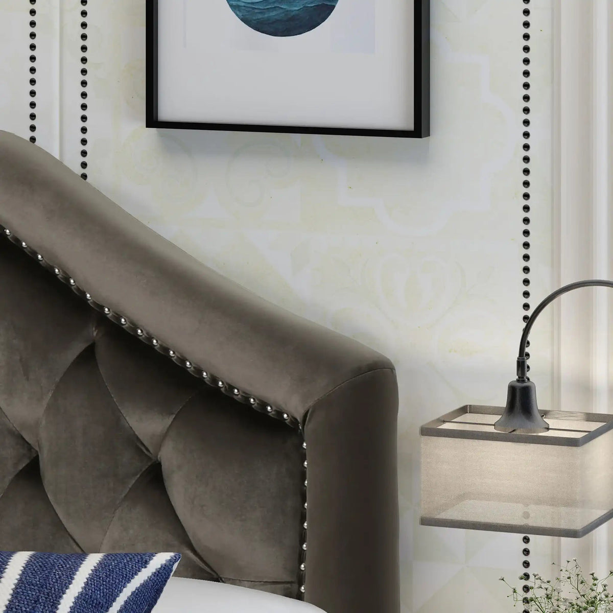 Kaarina Contemporary Tufted Fabric Headboard with Nailhead Trim - Queen