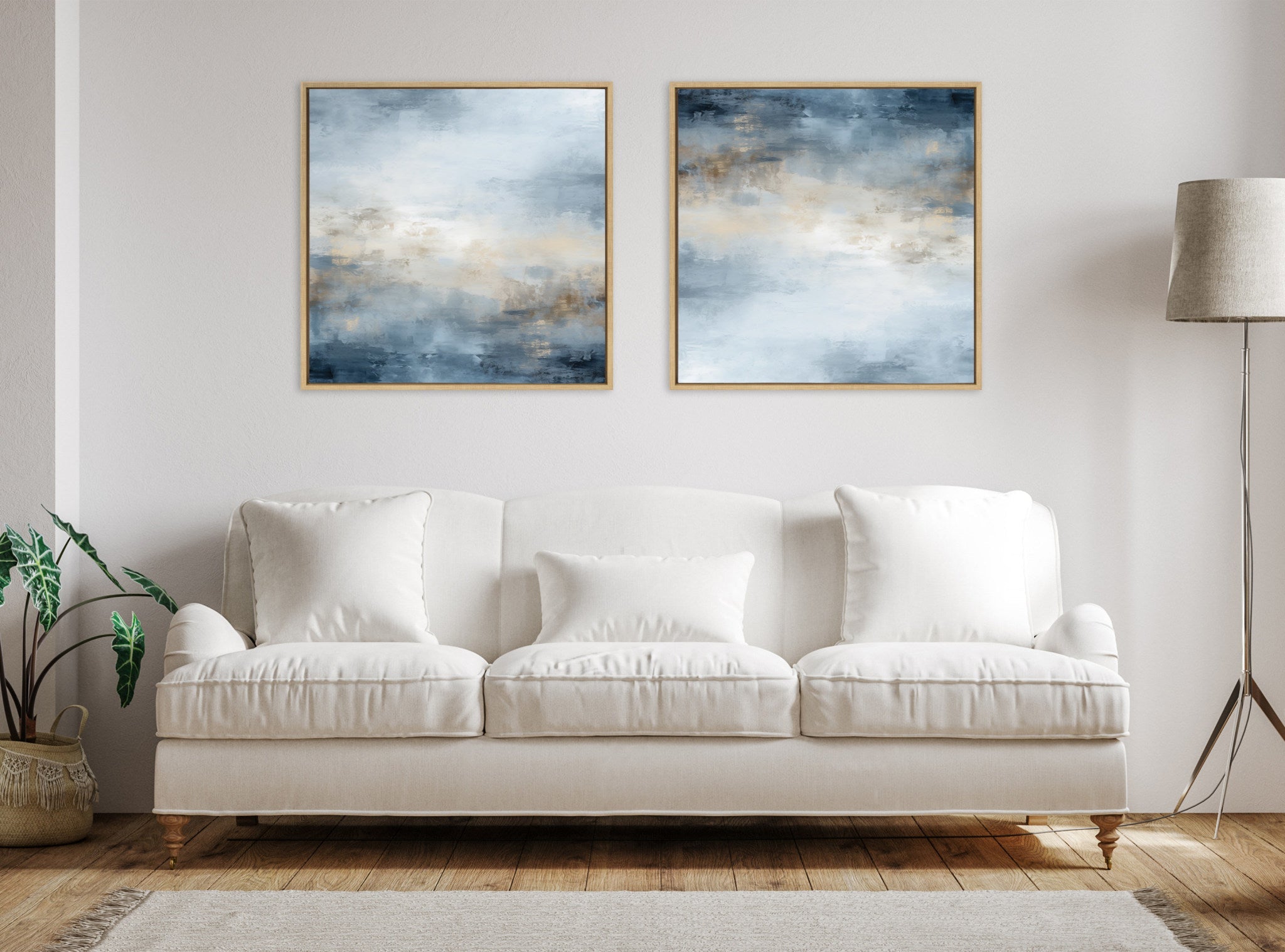 Sylvie Tonal Abstract Blue Framed Canvas by The Creative Bunch Studio