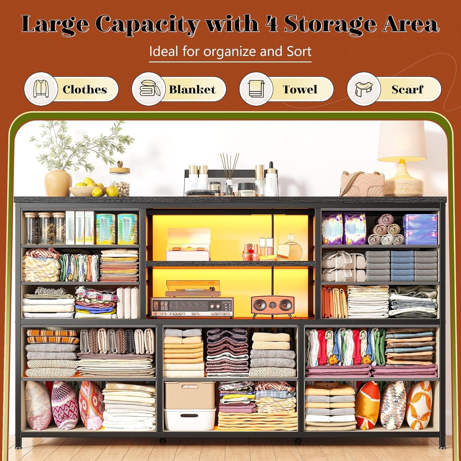 12 Drawer Long Dresser With LED Lights And Built In Power Outlet For Bedroom Storage