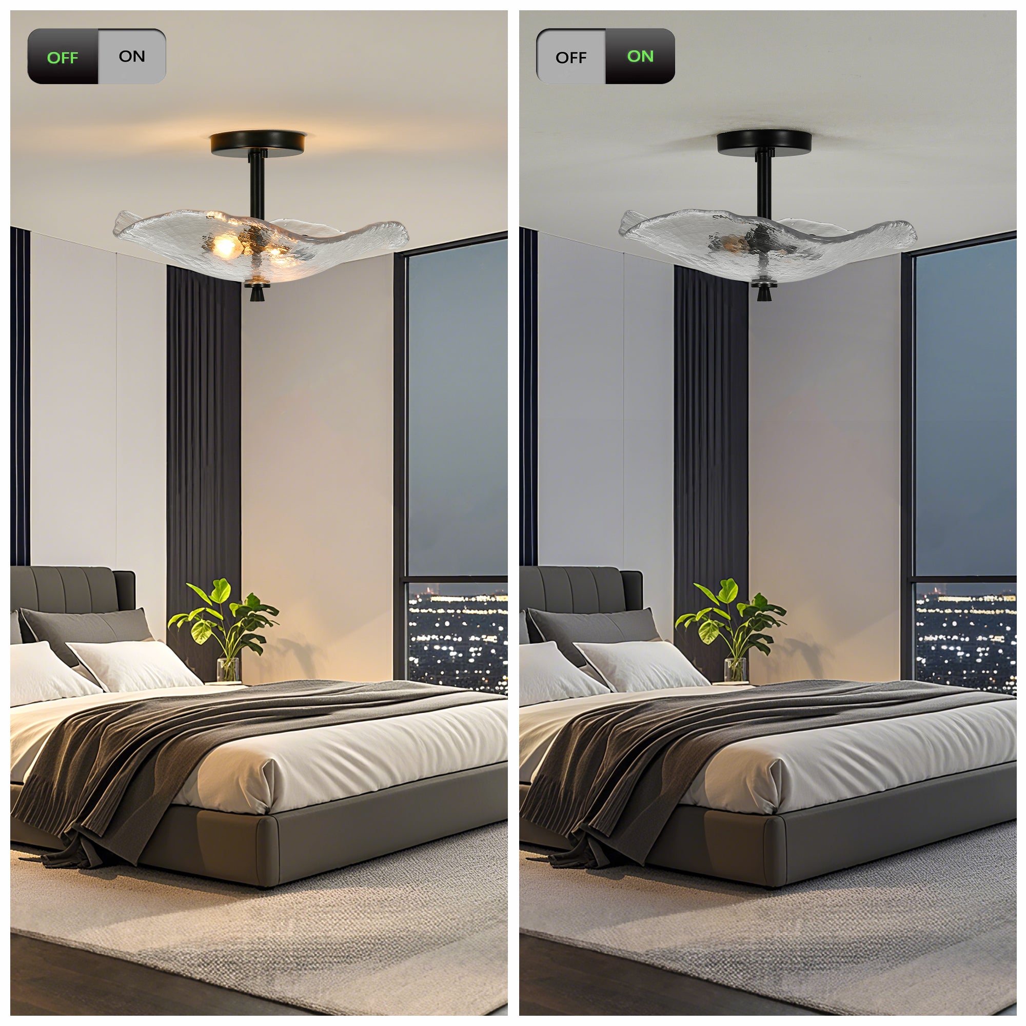 Ceiling Light Fixtures Flush Mount Indoor Outdoor Ceiling Light with Water Ripple Glass Shade (Black)