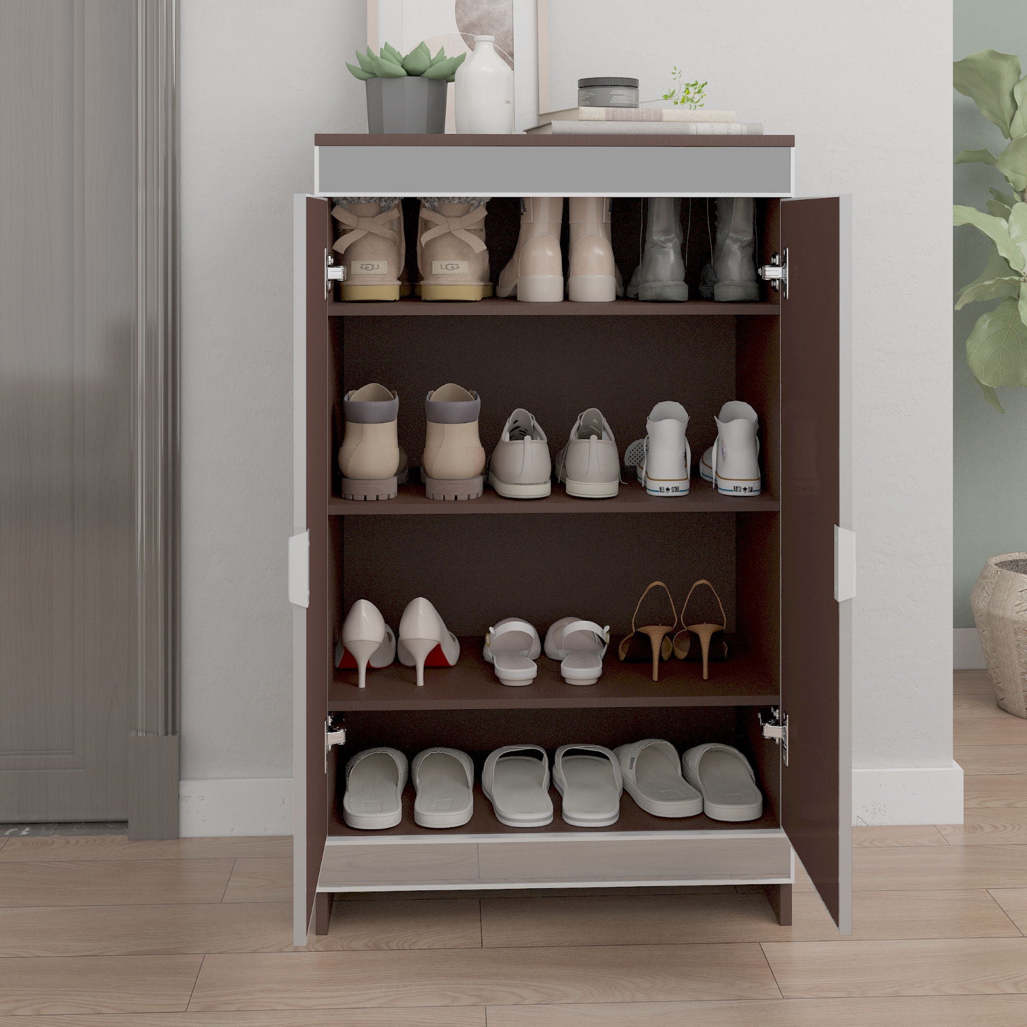 Elegant Decor Mirrored Shoe Cabinet With Edging Double Door Storage Cabinets Glass - Brown / Silver / Gray
