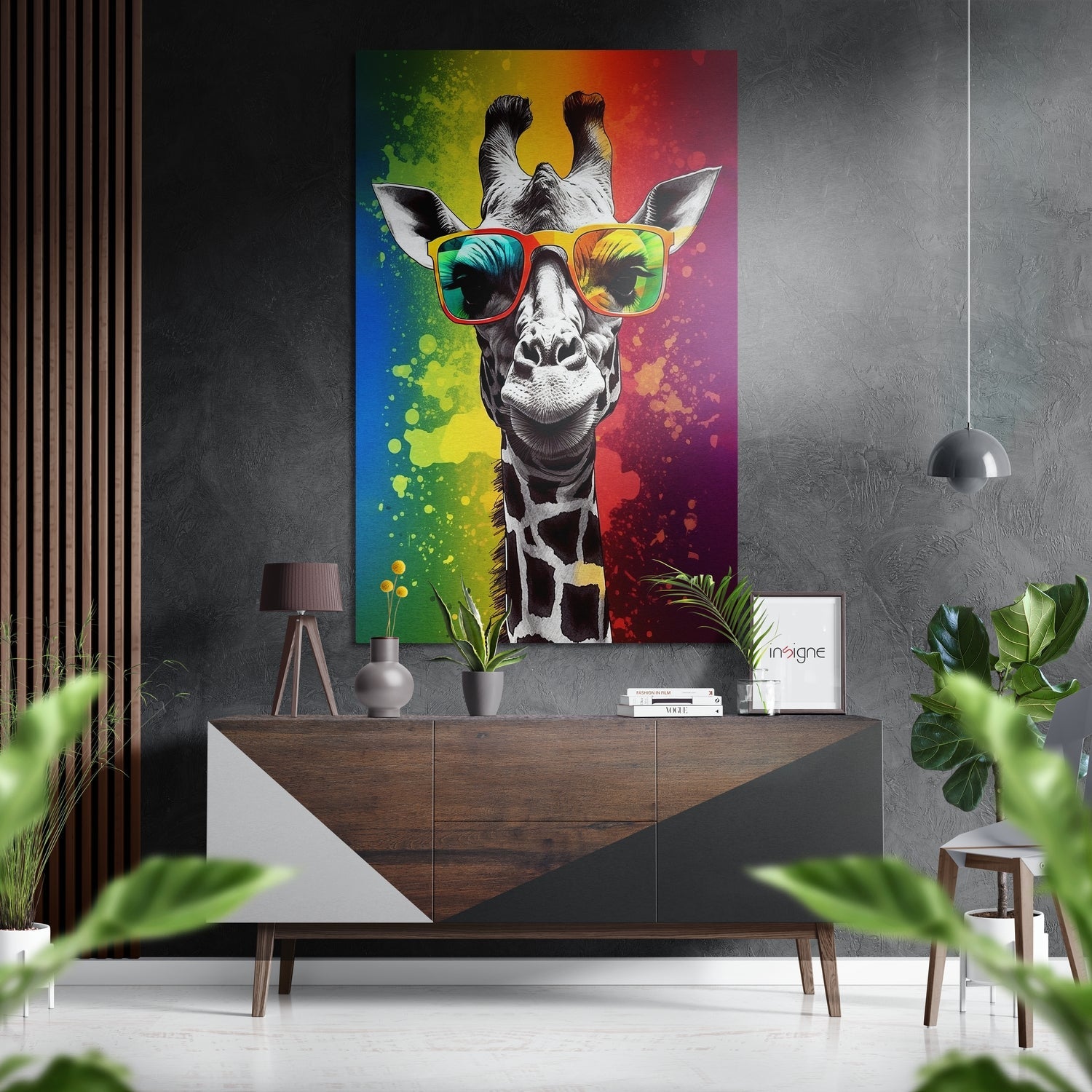 Rainbow Splash Giraffe Mirror Brushed Aluminum Dibond Wall Art