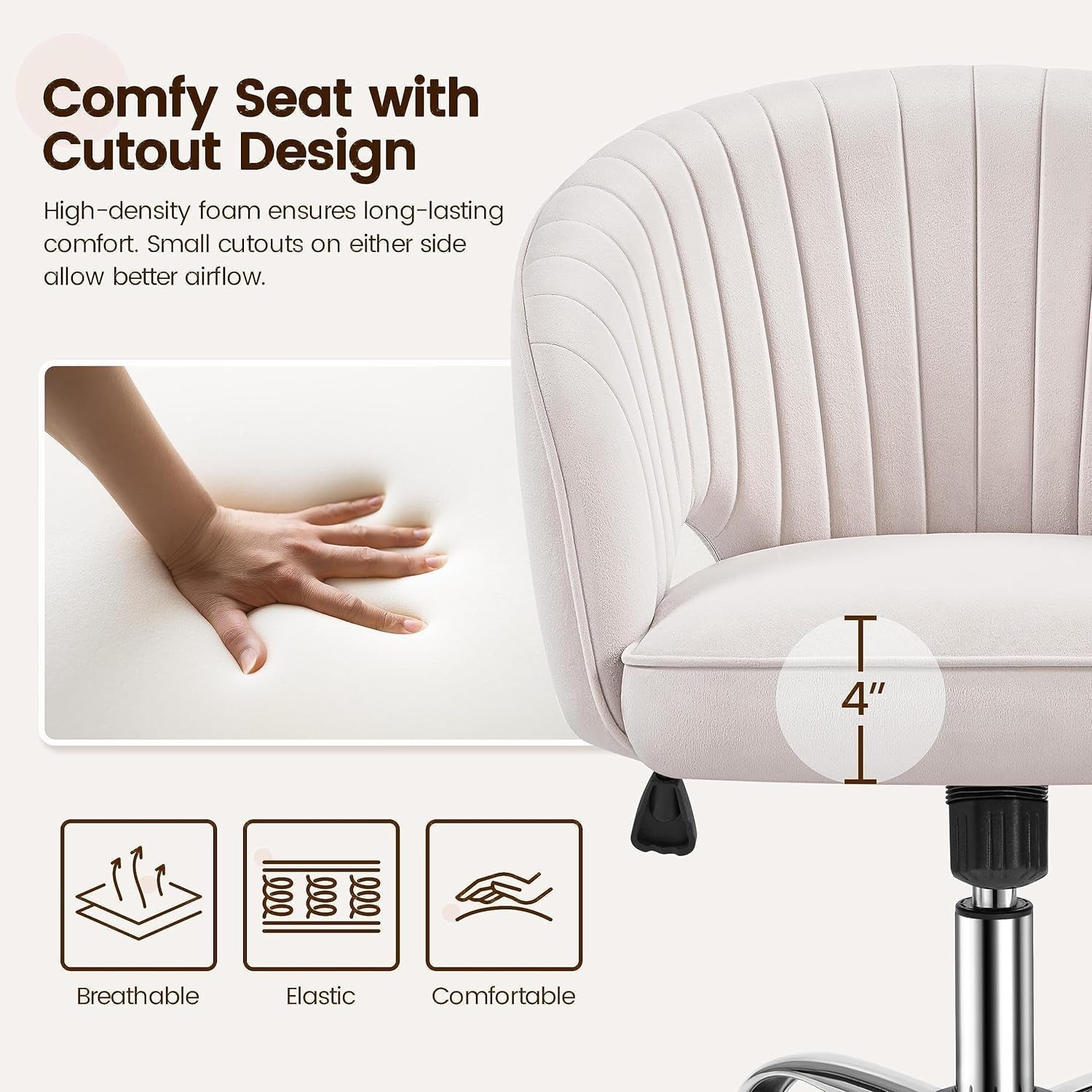 Cream Velvet Swivel Desk Chair With Wheels Tufted Back