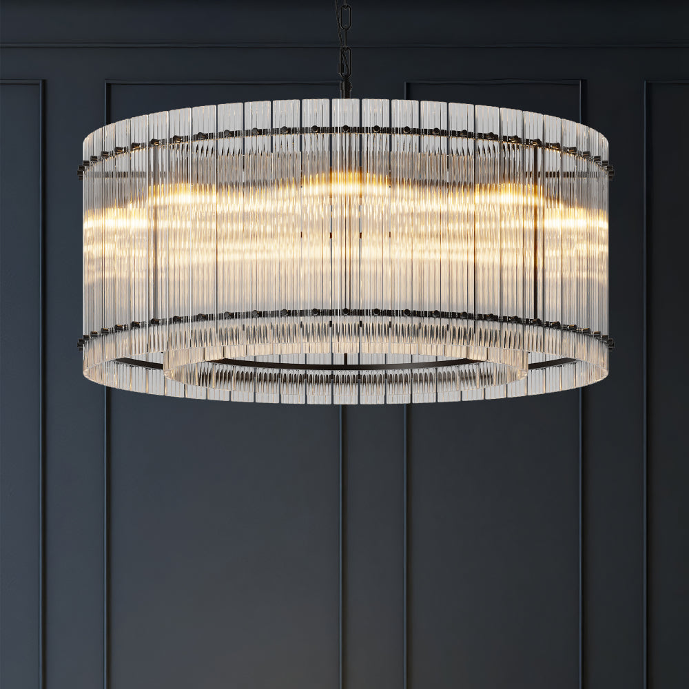 Water Ripple Crystal Glass Chandelier | 8/10-Light Modern Handmade Corrugated Glass Ceiling Light — Black or Gold, Round or Rectangular