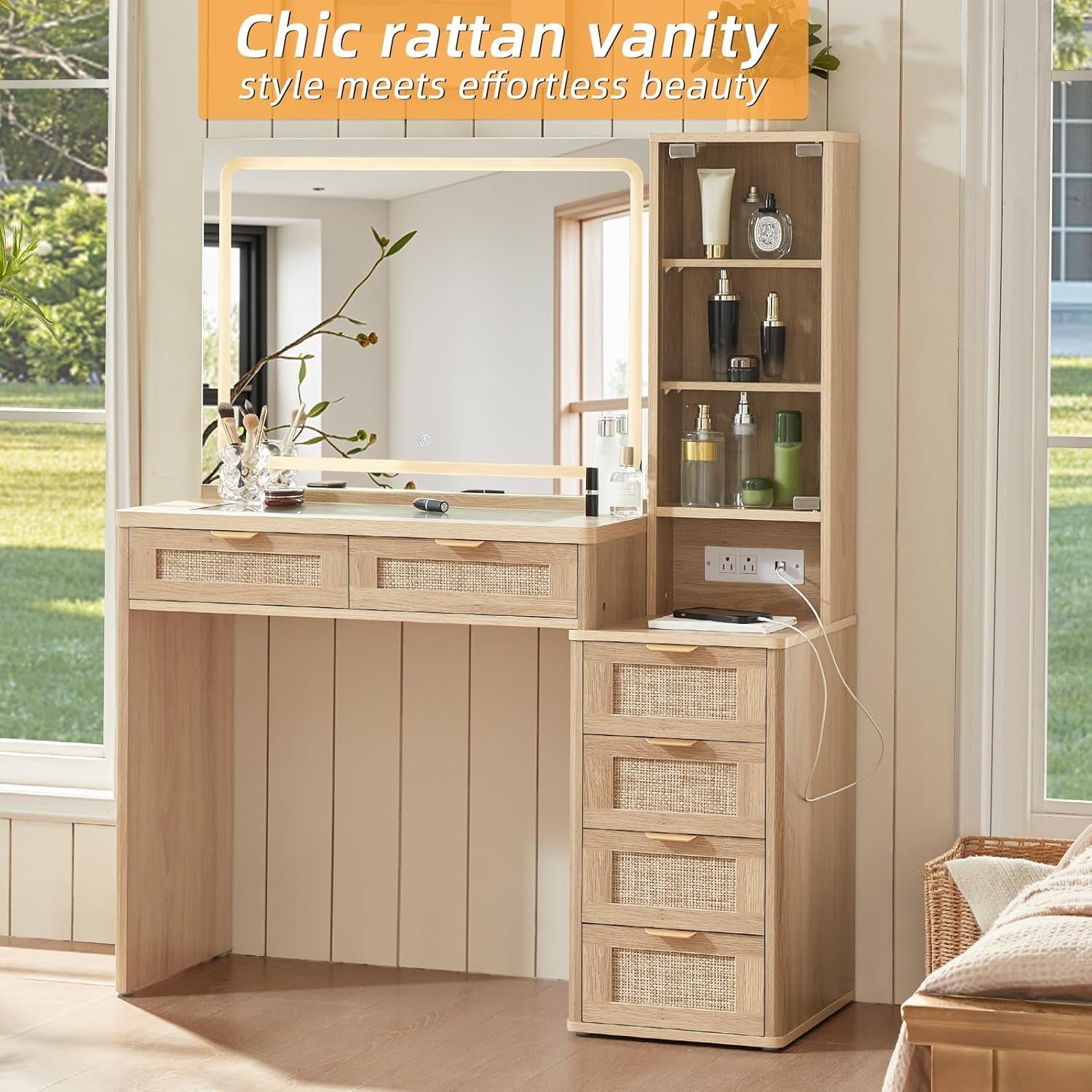 Rattan Vanity Desk Forty Three Point Five Inch GlassTop Mirror Lighting Natural Wood-2