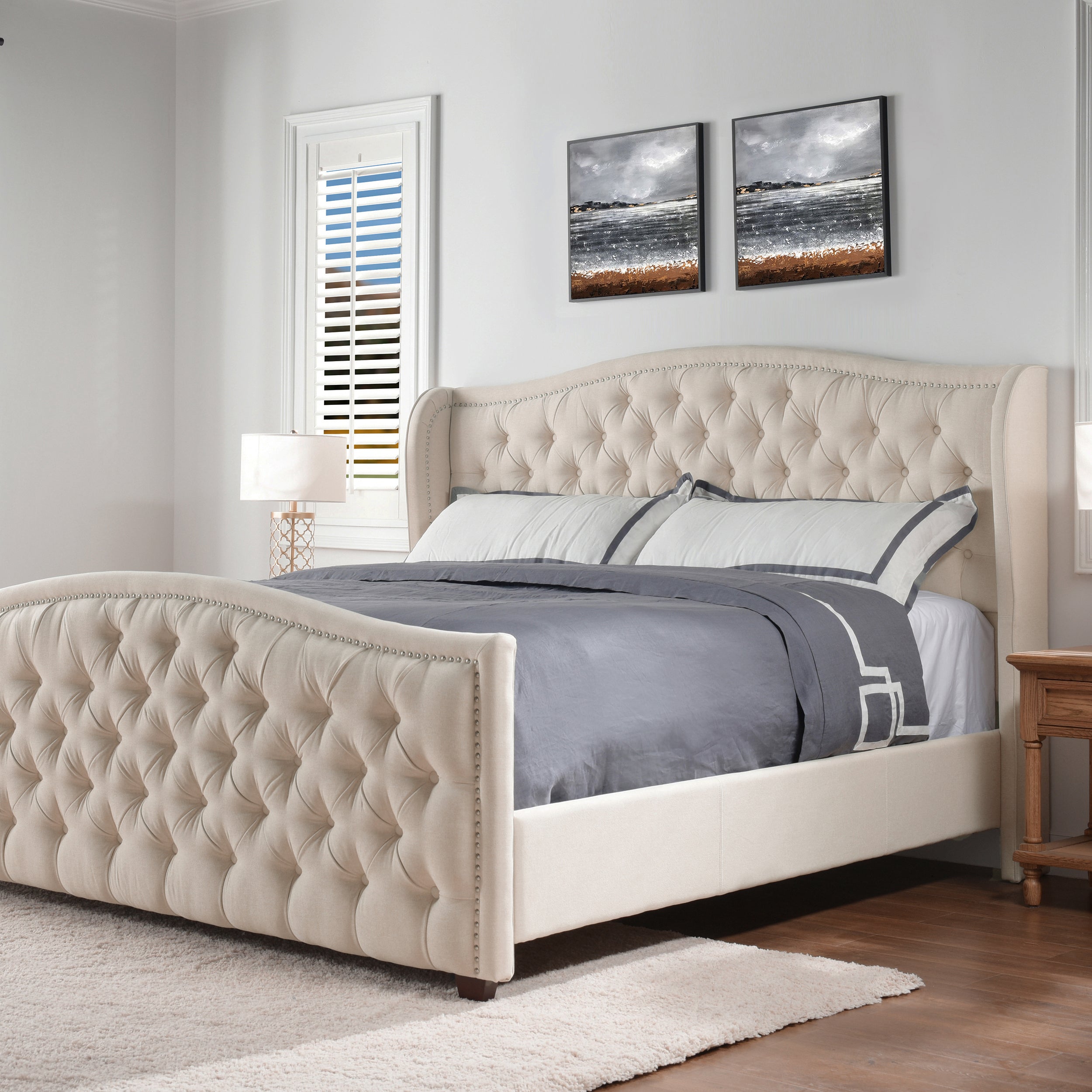 Marcella Upholstered Shelter Headboard Bed Set, King, Sky Neutral Beige Polyester