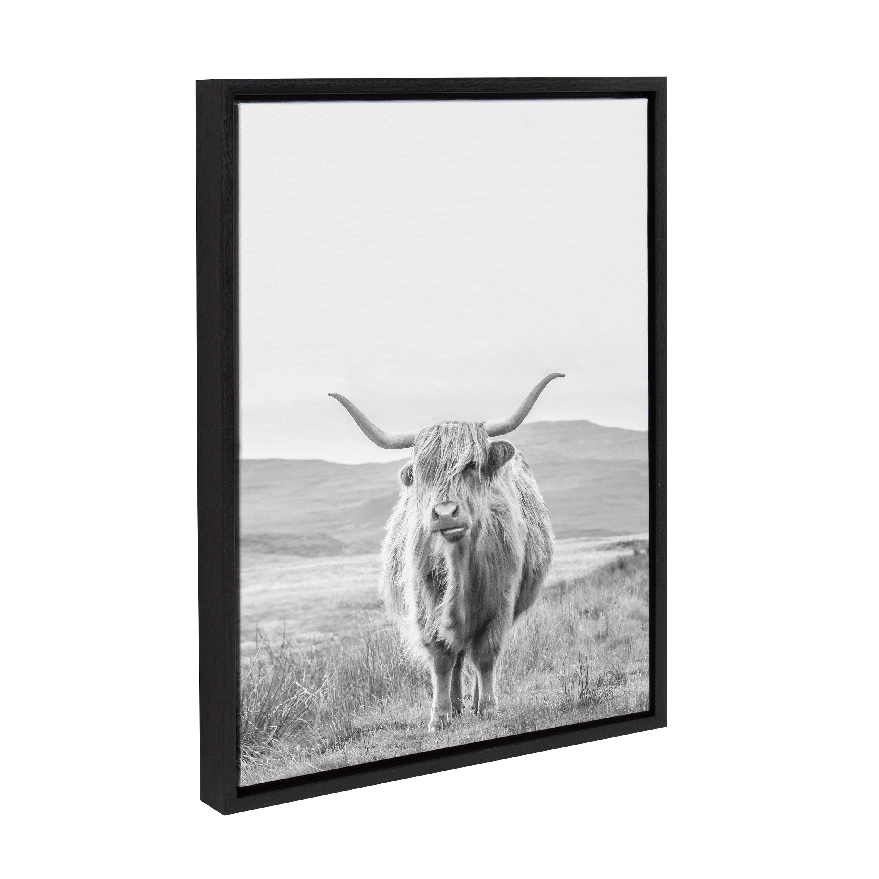 Sylvie Highland Cow Mountain Landscape Black and White Framed Canvas by The Creative Bunch Studio