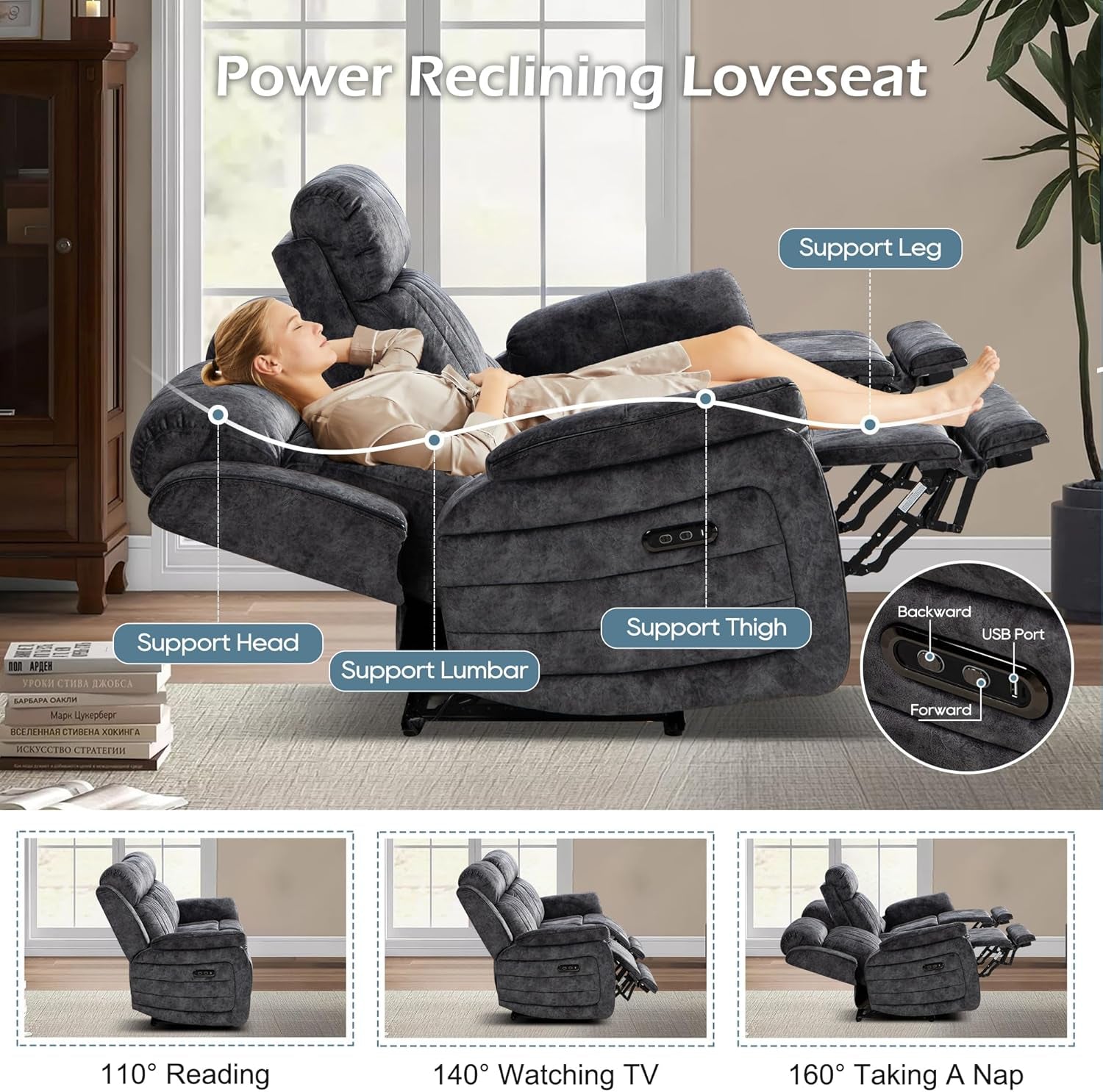 Zero Gravity Power Reclining Sofa Grey With USB Ports