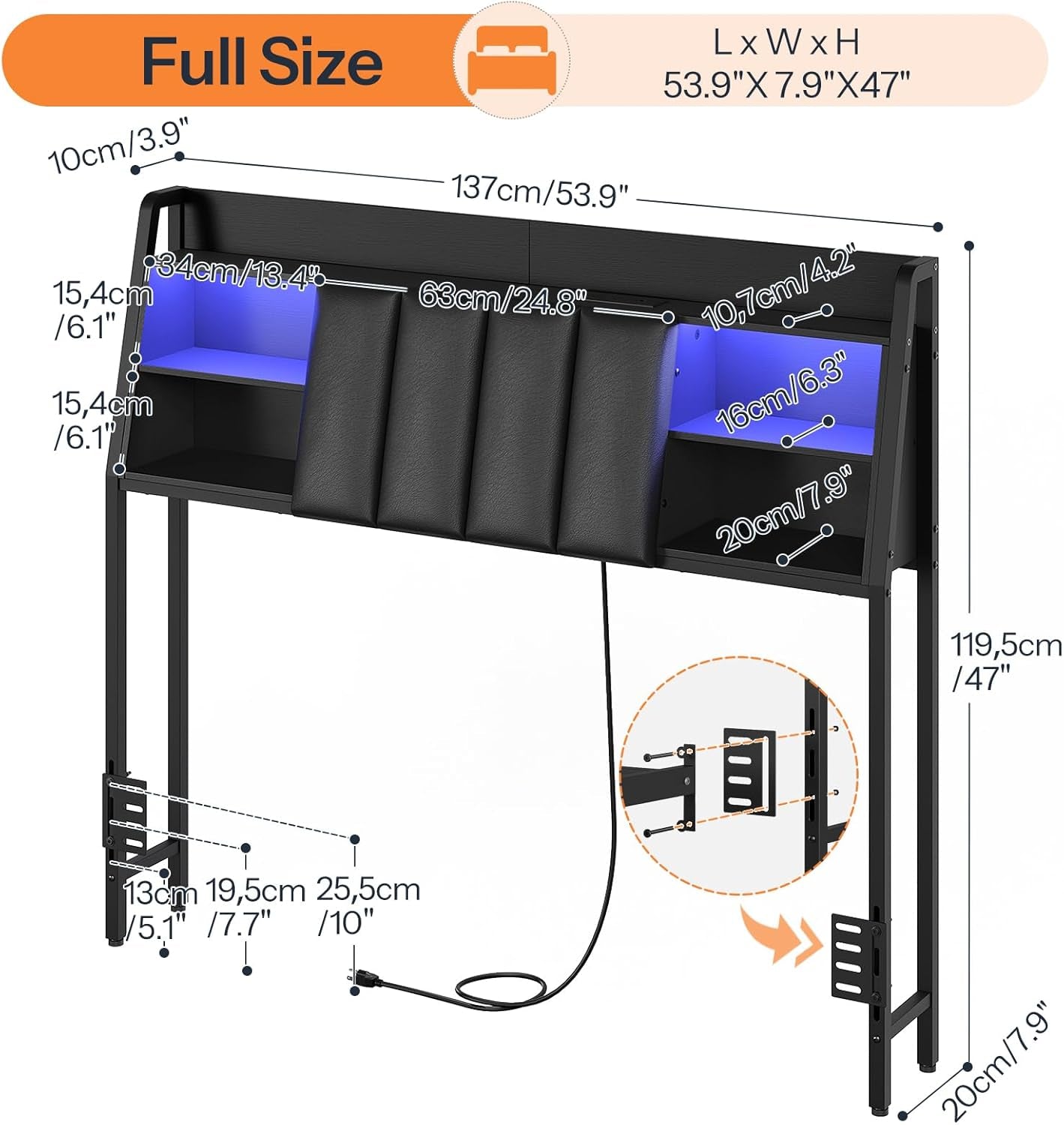 Upholstered Full Size Headboard with LED Lights and Storage