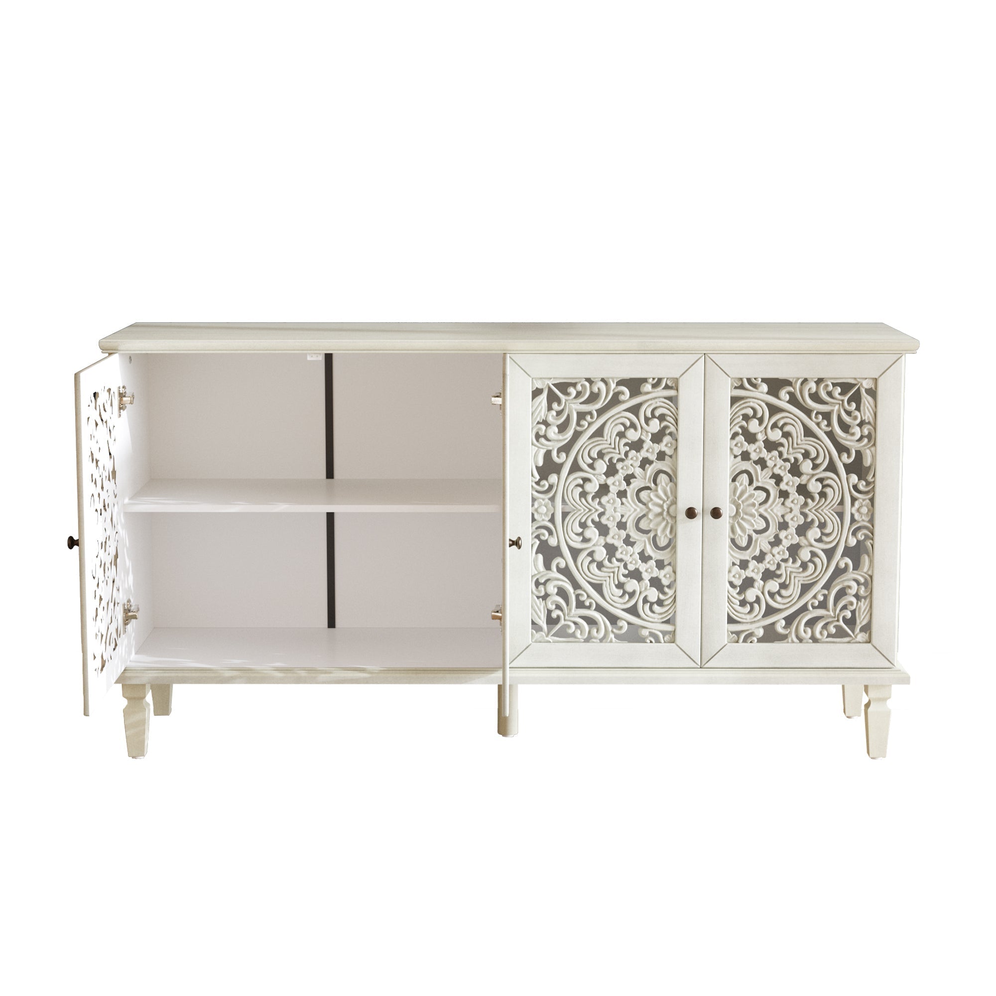 60" Antique Buffet Cabinet with Floral Carvings and Solid Wood Legs