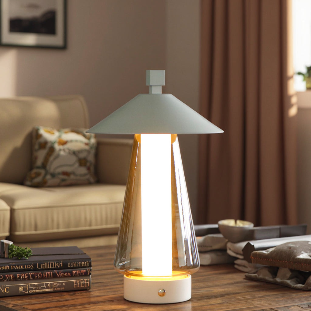 3-Way Dimmable Bedside Lamp (12"H): Umbrella-Shaped Touch Control, Grey Anodized Glass Shade (Indoor/Outdoor)-1