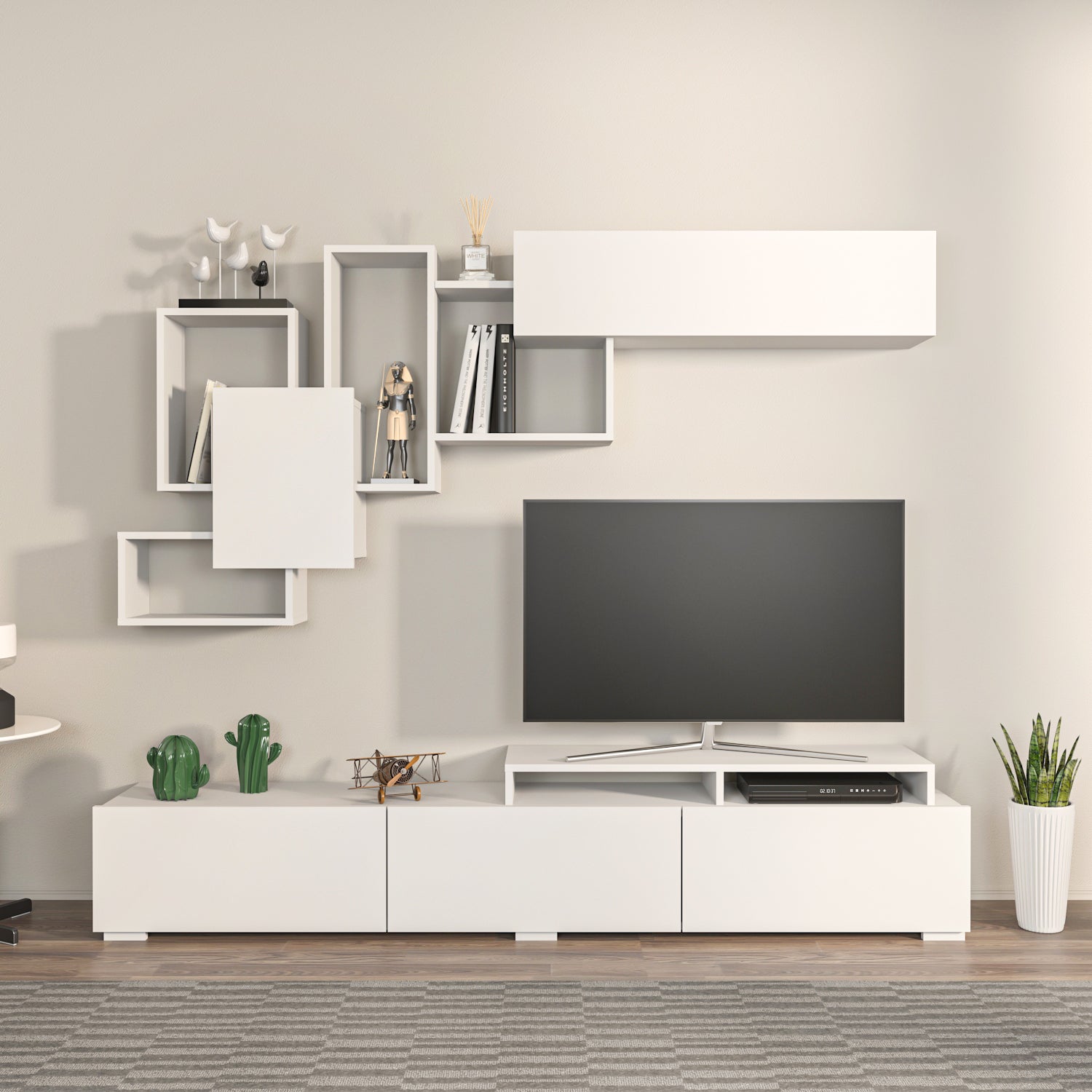 Amor TV Stand Entertainment Center with Wall Shelf and Cubbies for up to 85'' TVs