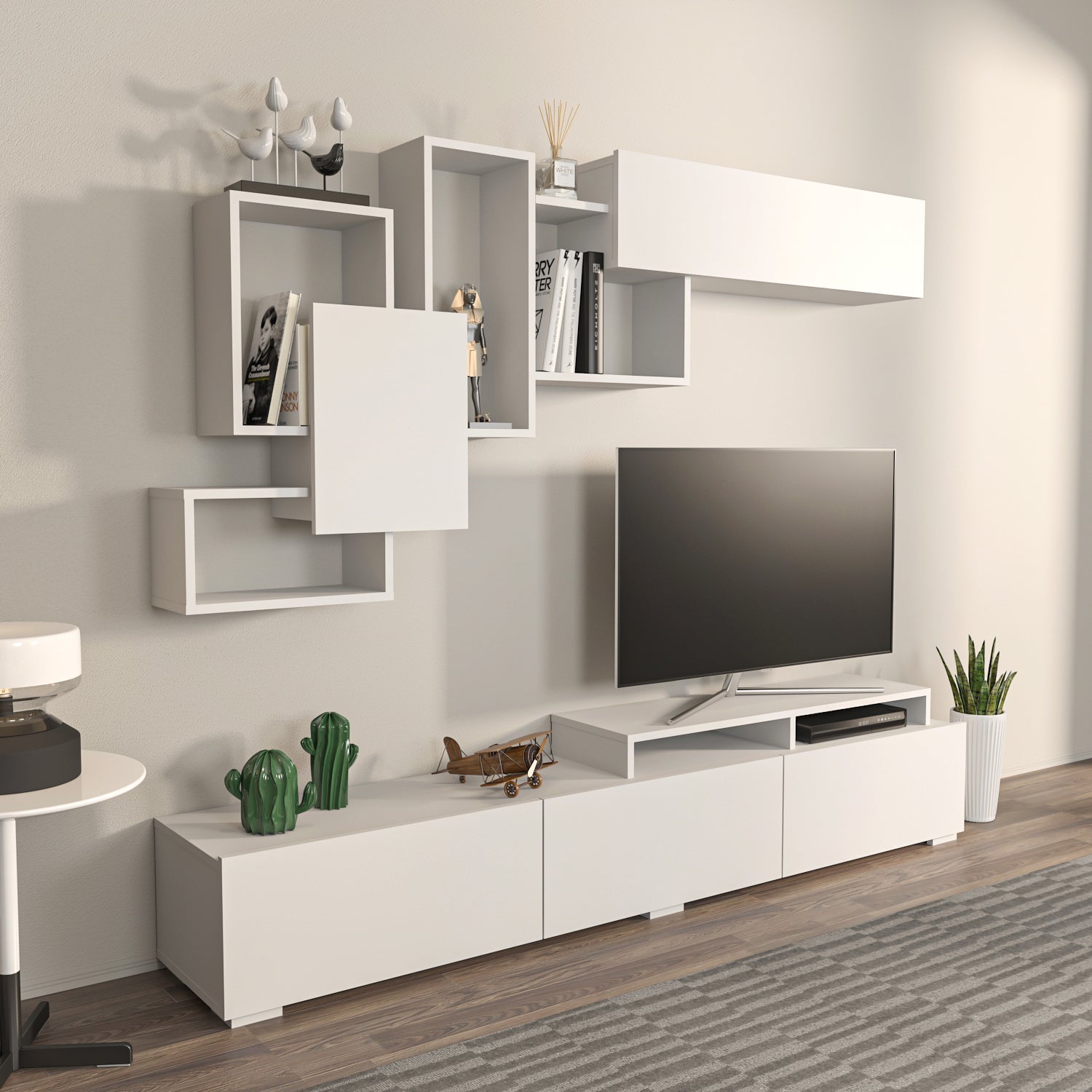 Amor TV Stand Entertainment Center with Wall Shelf and Cubbies for up to 85'' TVs