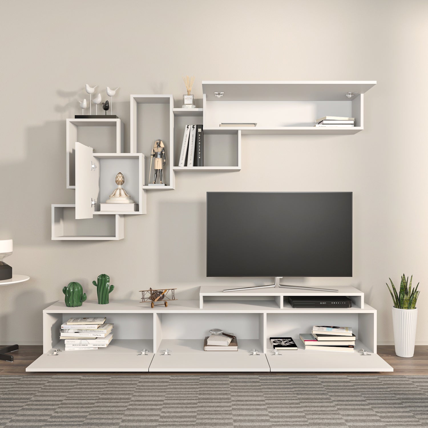 Amor TV Stand Entertainment Center with Wall Shelf and Cubbies for up to 85'' TVs