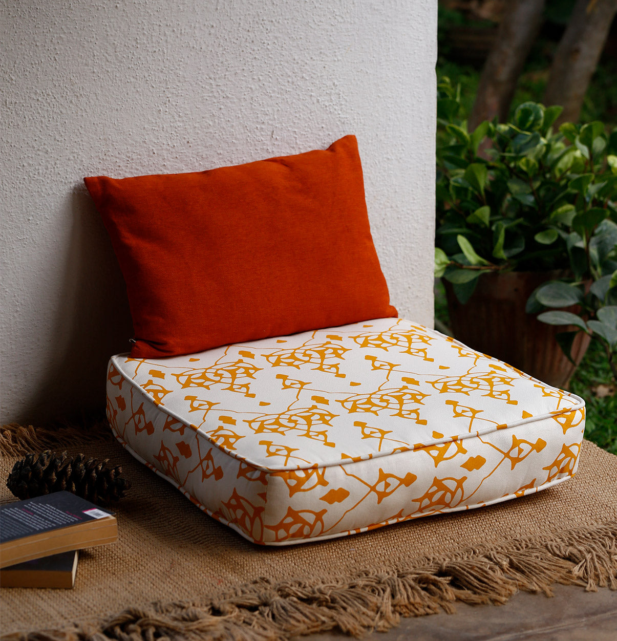 Large Patterned Floor Cushion (20x20") - Moroccan Inspired - Cream with Yellow Design - 100% Cotton - Eco-Friendly-0