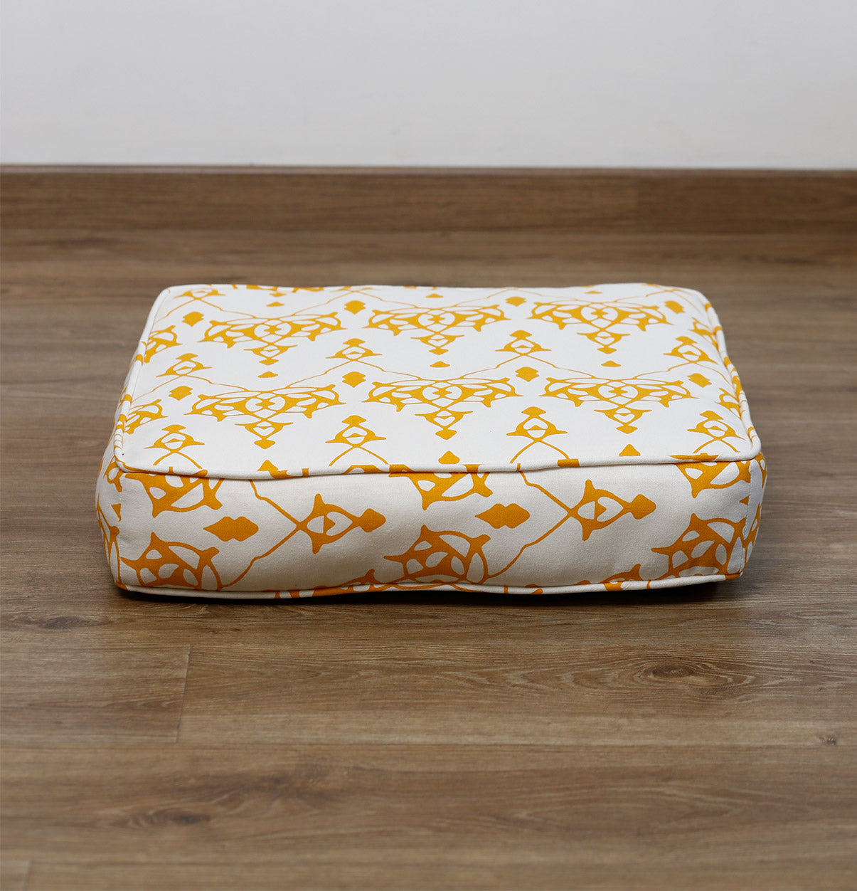 Large Patterned Floor Cushion (20x20") - Moroccan Inspired - Cream with Yellow Design - 100% Cotton - Eco-Friendly-1
