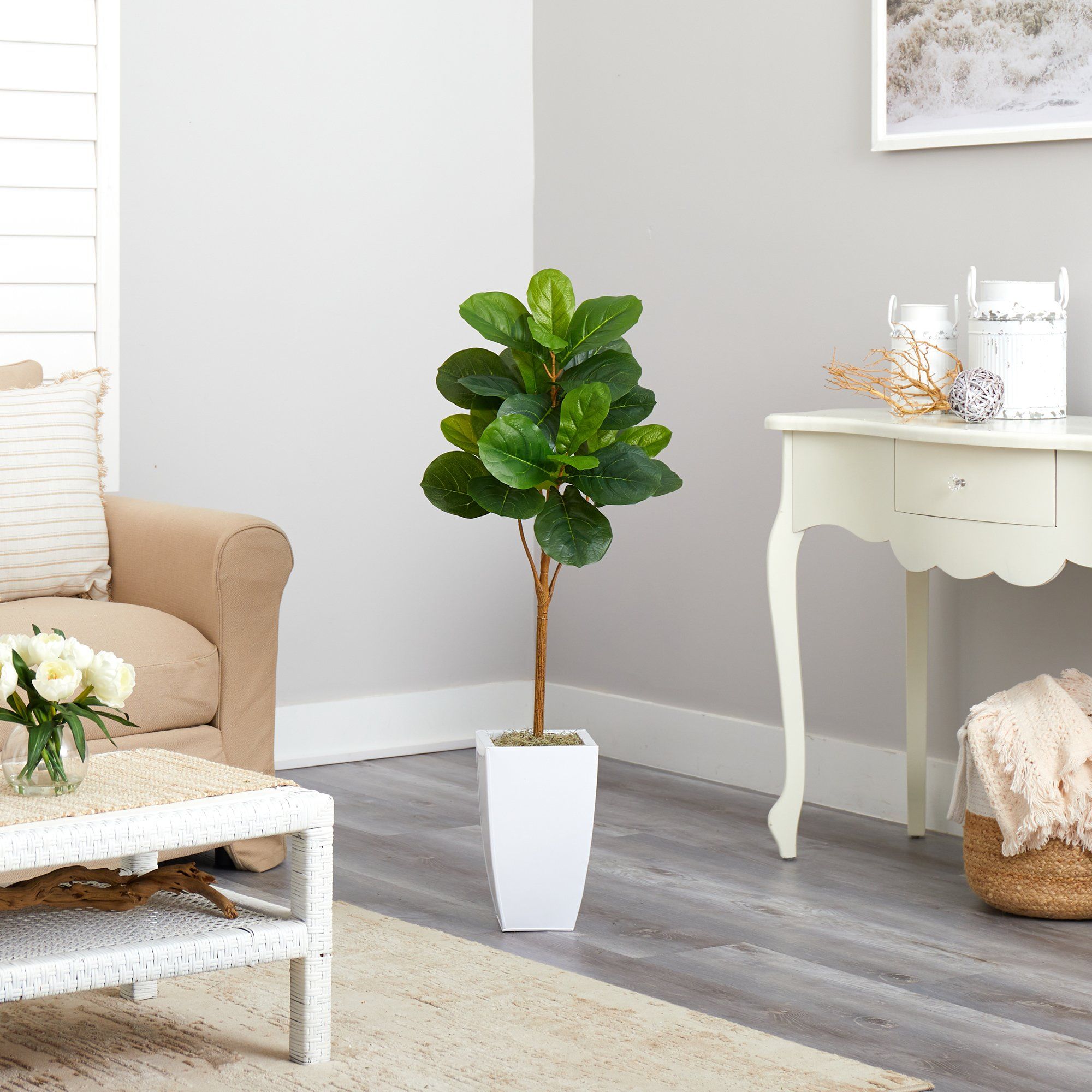 Artificial Fiddle Leaf Fig Tree in White Planter, 45”-3