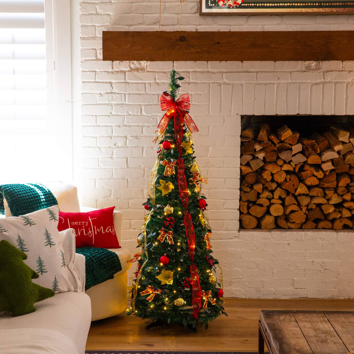 5' Pre-Lit Artificial Pop up Christmas Tree with Red & Gold Ornaments, Ribbons and 100 Warm White LED Lights