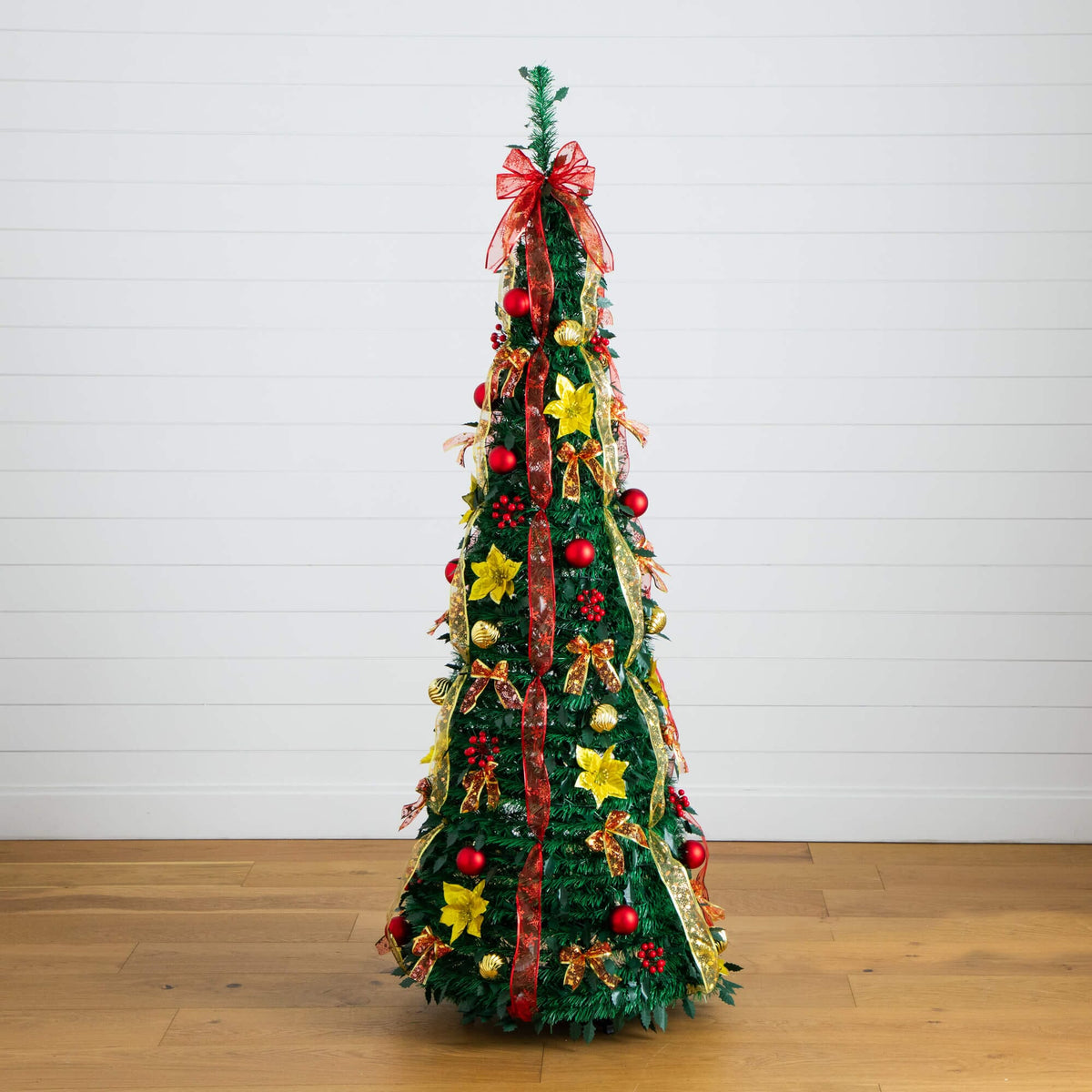 6' Pre-Lit Artificial Pop up Christmas Tree with Red & Gold Ornaments, Ribbons and 150 Warm White LED Lights