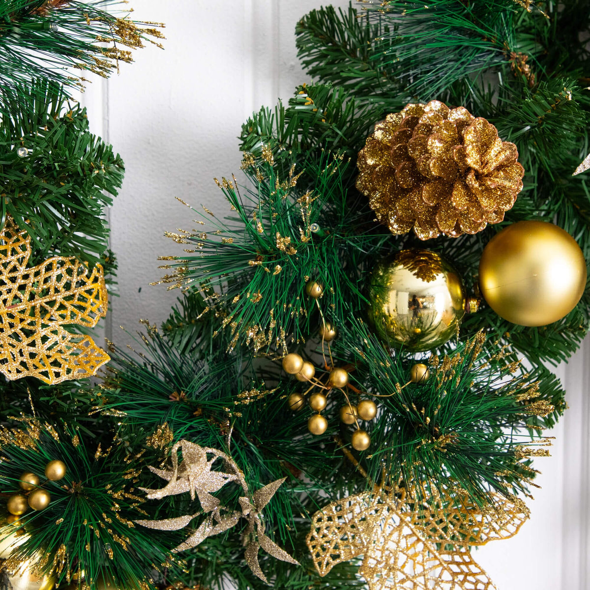 9' Pre-Lit Artificial Golden Frosted Christmas Garland with 50 Warm White LED Lights Pinecones, Berries and Ornaments