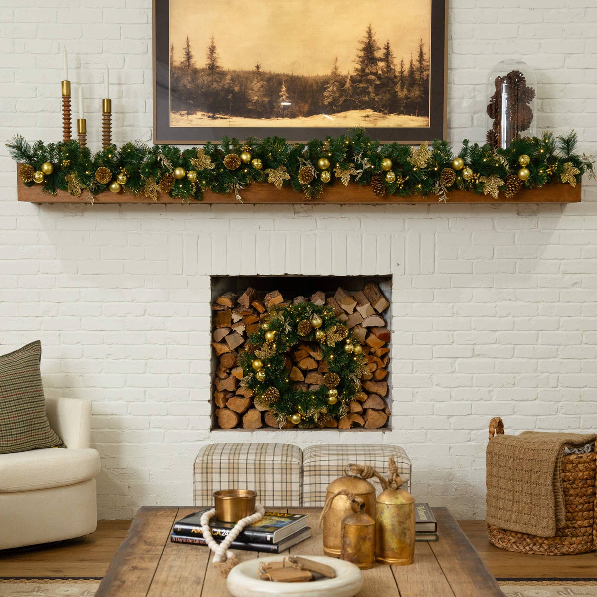 9' Pre-Lit Artificial Golden Frosted Christmas Garland with 50 Warm White LED Lights Pinecones, Berries and Ornaments