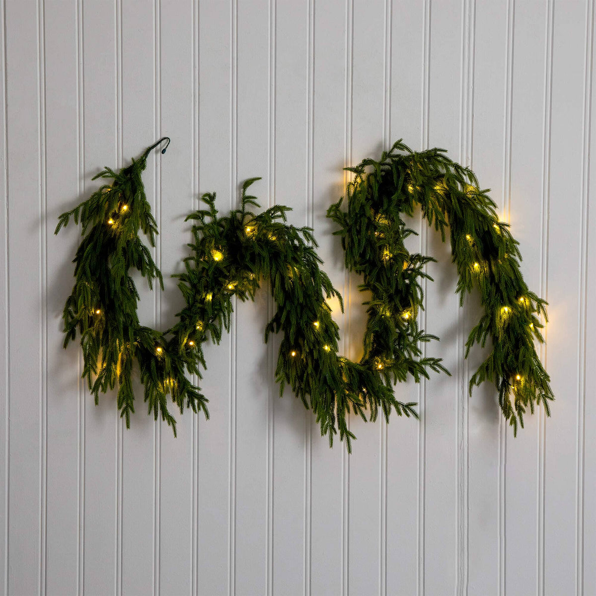 9' Pre-Lit Artificial Real Touch Norfolk Island Pine Garland with 50 Warm White LED Lights and Natural Look