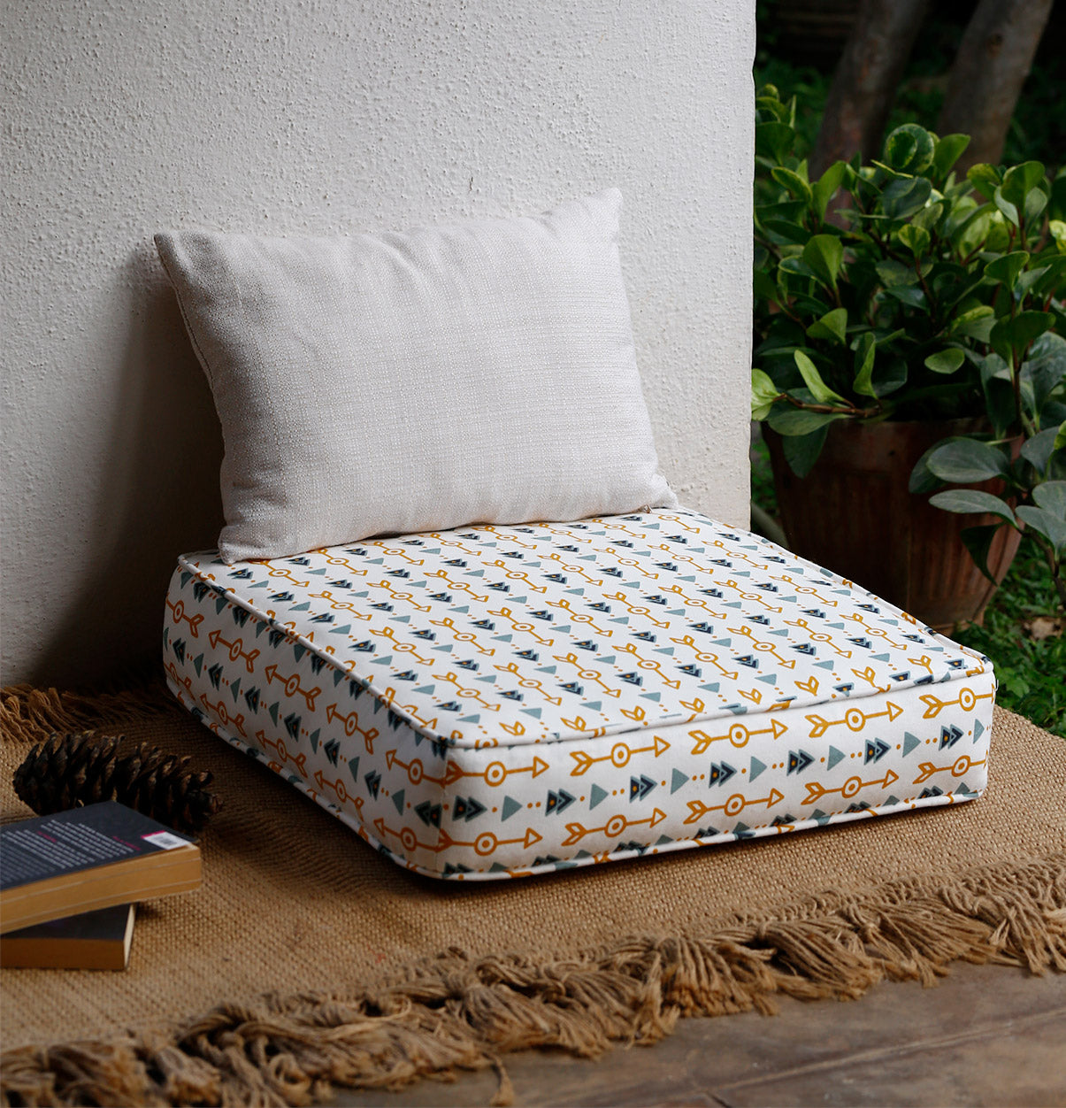 Large Patterned Floor Cushion (20x20") for Lounging & Meditation - Cream with Blue & Yellow Arrow Design - 100% Cotton - Eco-Friendly-0