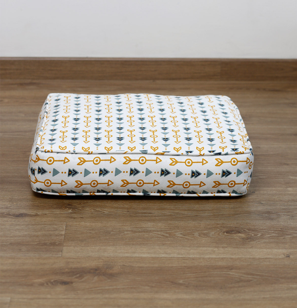 Large Patterned Floor Cushion (20x20") for Lounging & Meditation - Cream with Blue & Yellow Arrow Design - 100% Cotton - Eco-Friendly-1