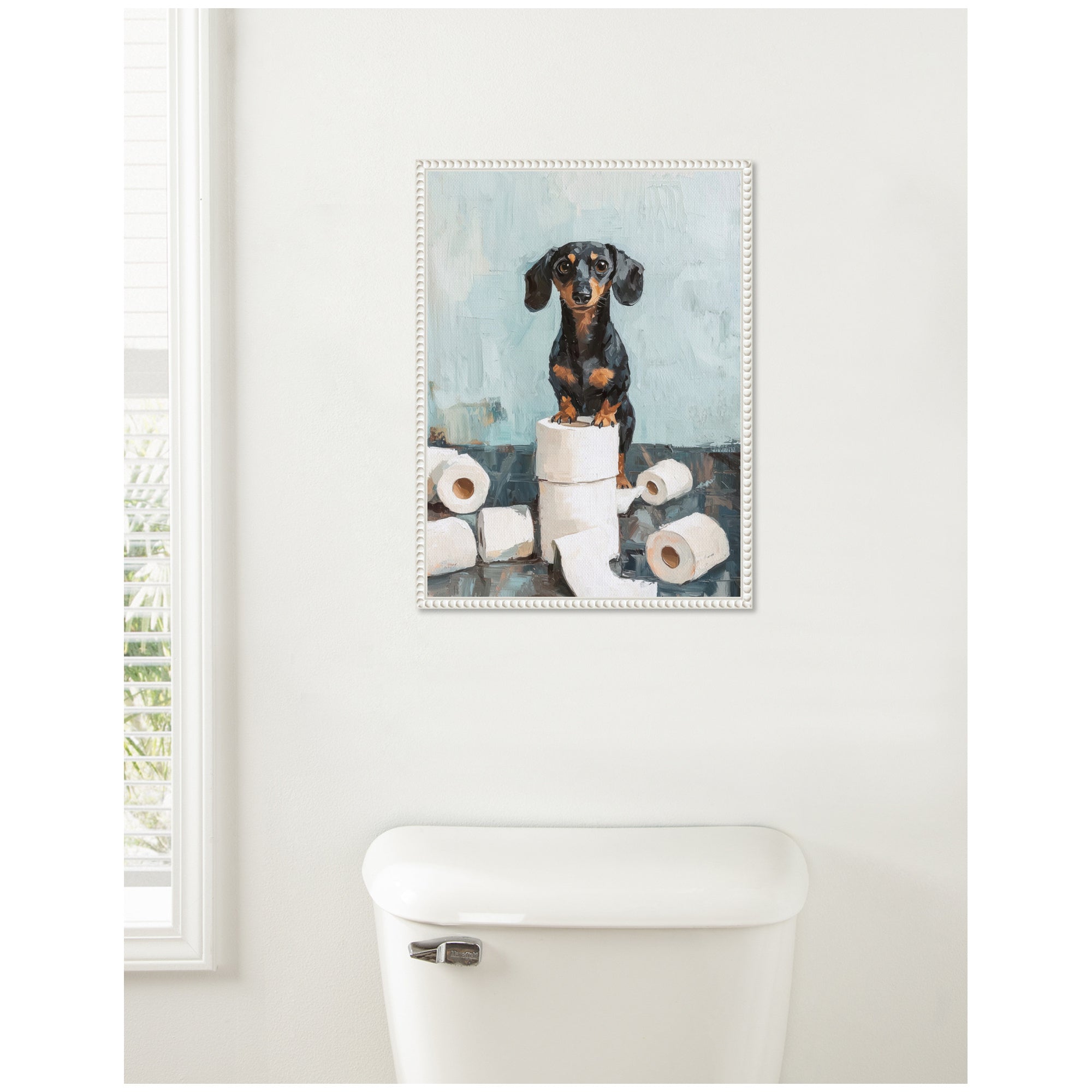 Sylvie Cute Dachshund Dog Toilet Paper Rolls Blue Teal Bathroom Art Framed Canvas by The Creative Bunch Studio