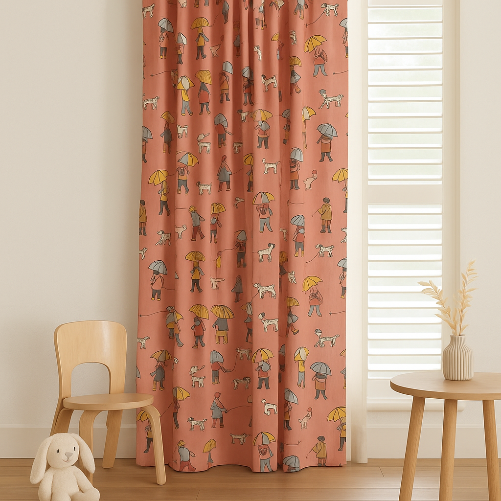 Rainy Day Cotton Kids Curtains – Coral Umbrella & Dog Walker Print, Light-Filtering or 100 % Blackout-2