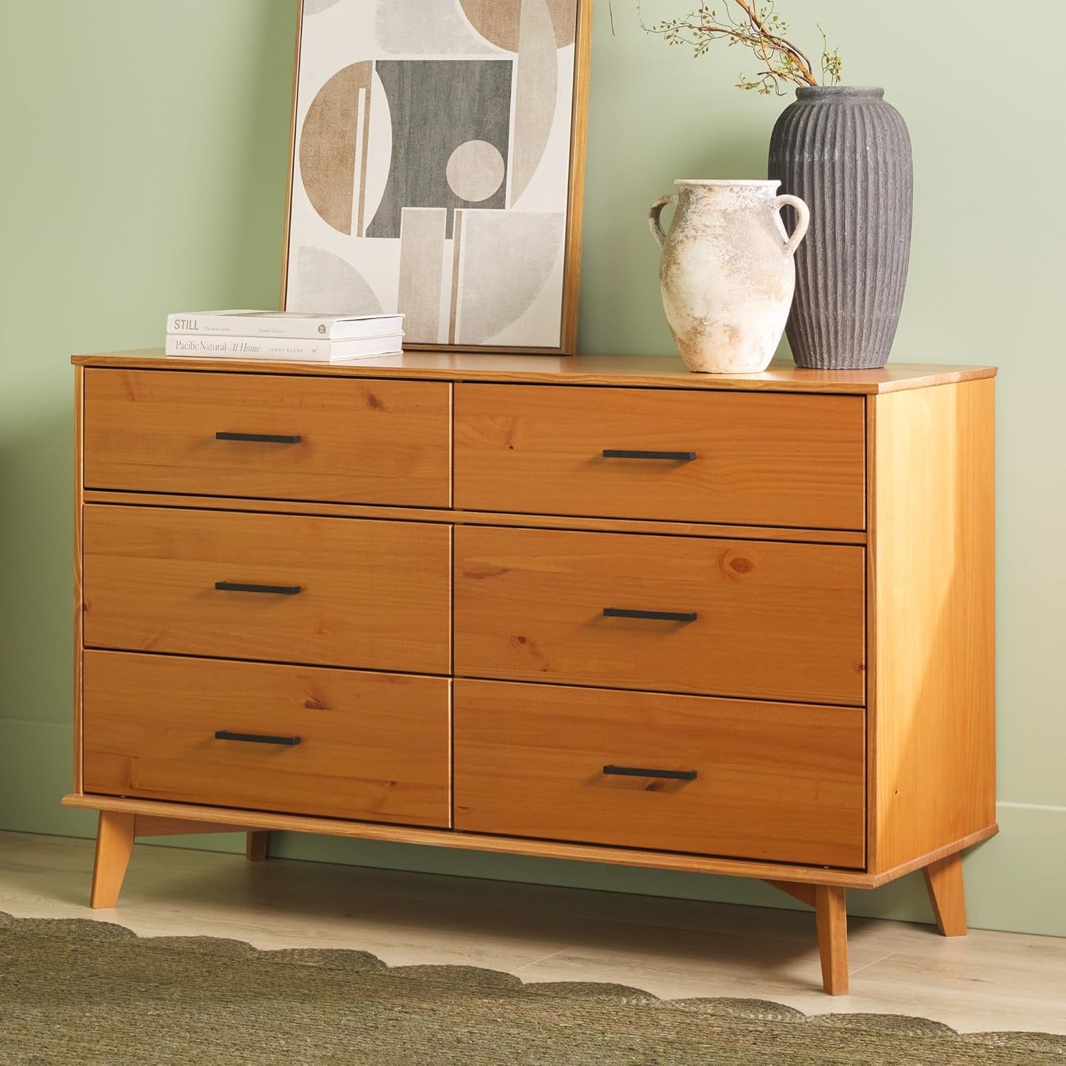 Walker Edision 6-Drawer Dresser In Solid Pine Wood With Metal Handles Caramel