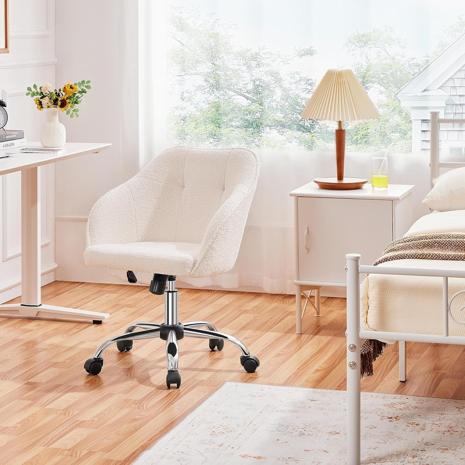 Ivory Upholstered Desk Chair With Adjustable Tilt Angle