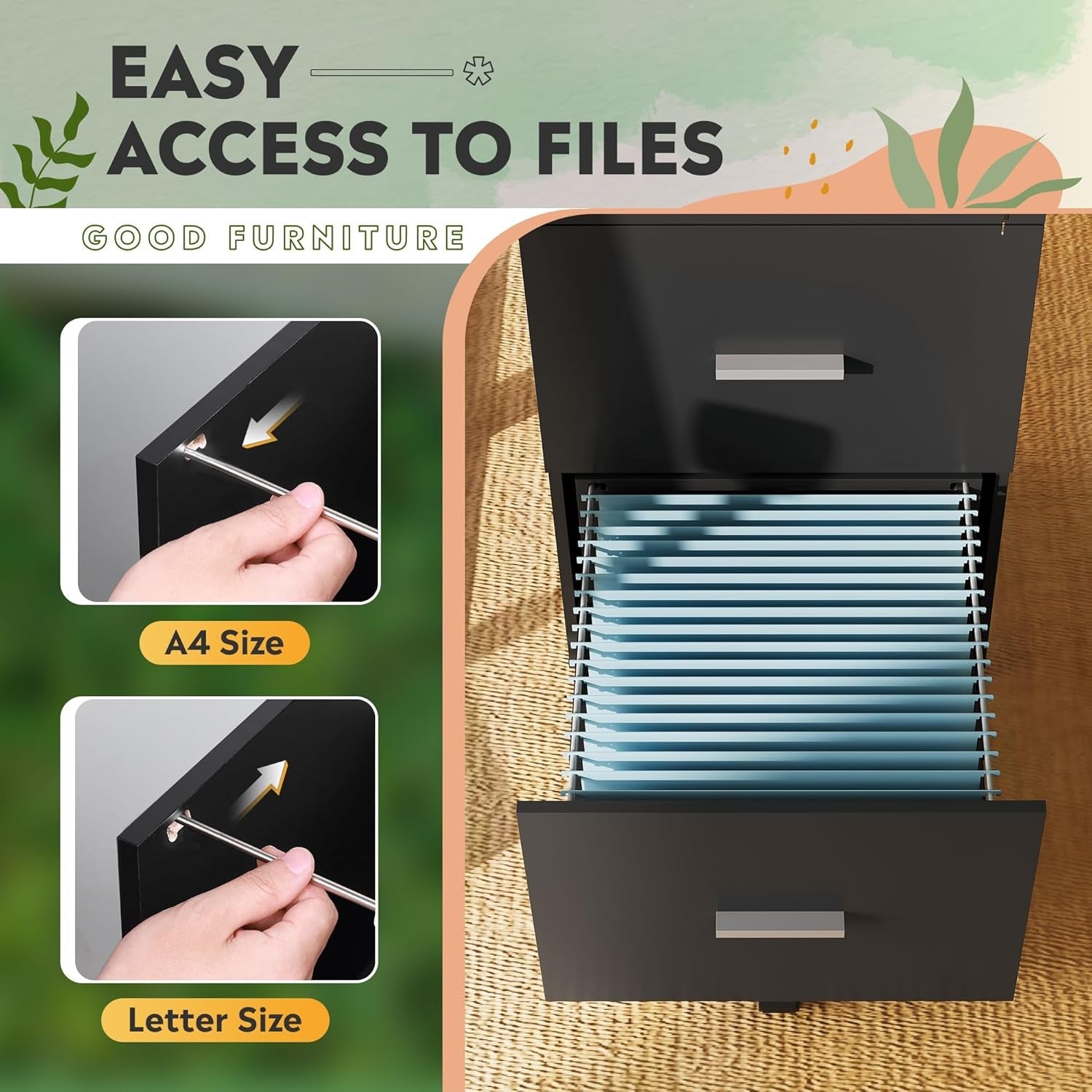 Black 3-Drawer Locking Rolling File Cabinet for Home Office