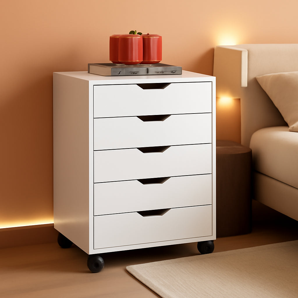 White 5 Drawer Wood File Cabinet With Wheels For Office