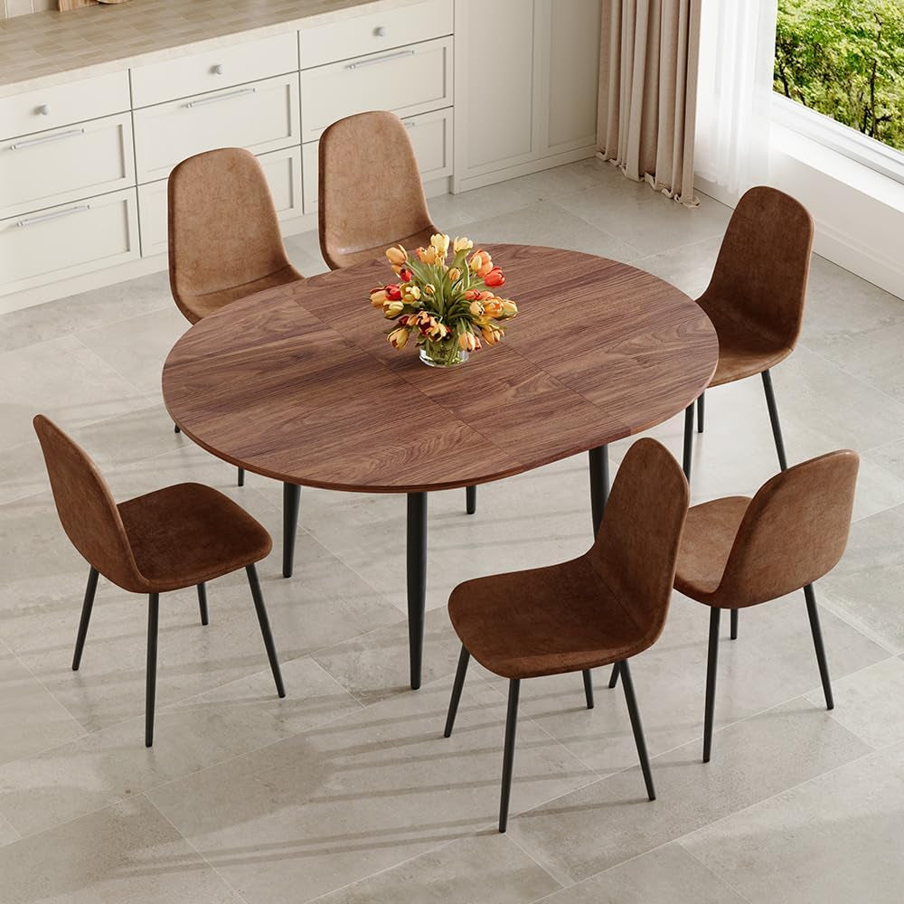 Walnut Extendable Dining Table Set Six Chairs Upholstered