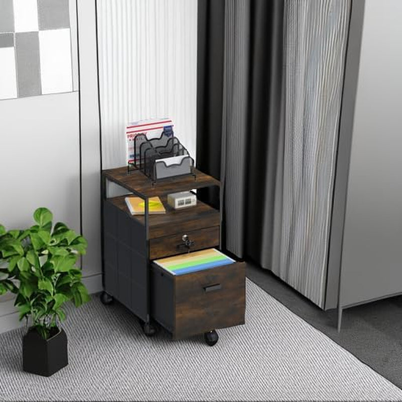 Rolling Mobile File Cabinet Drawers Open Shelf Rustic Brown
