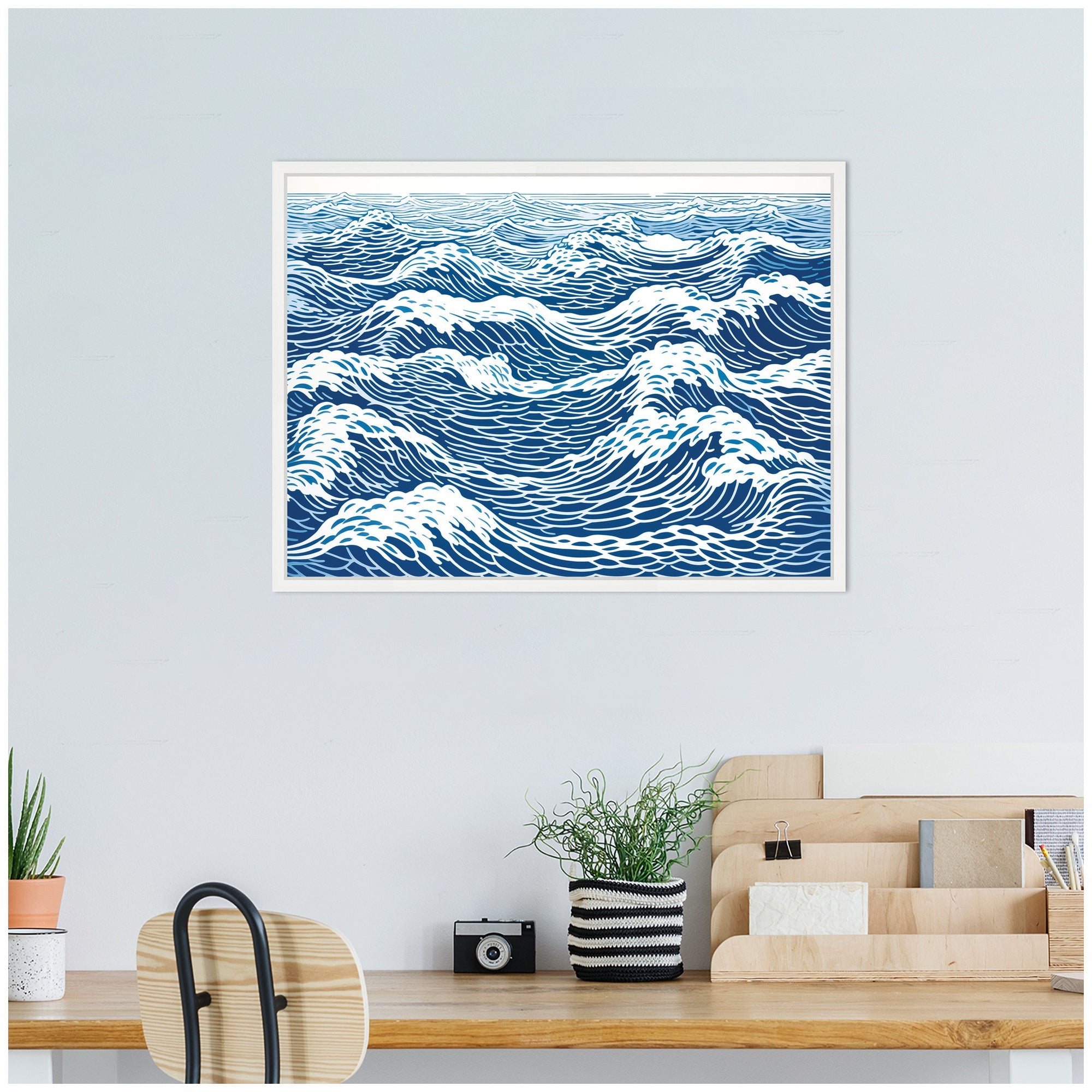 Sylvie Linocut Abstract Waves Blue and White Framed Canvas by The Creative Bunch Studio