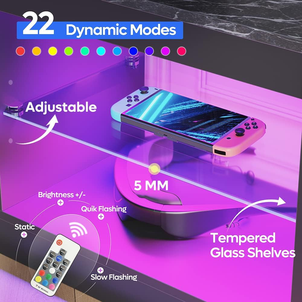 RGB LED Gaming TV Stand For 55Inch TV With Adjustable Glass Shelves Black Marble