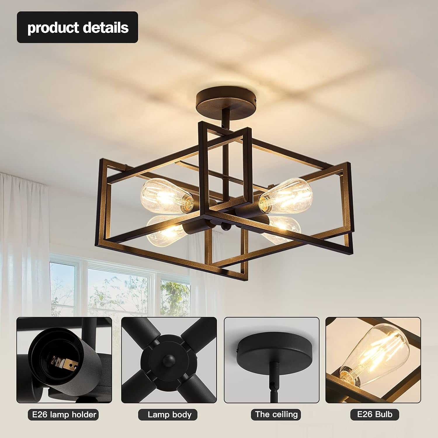 Black Four Light Farmhouse Ceiling Light Luminaire-2