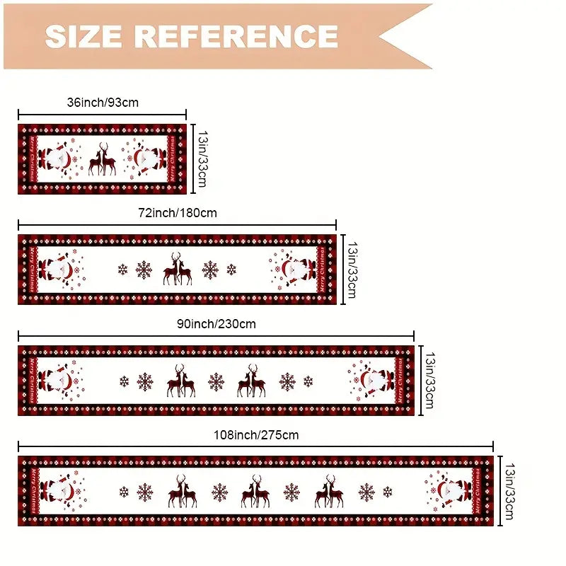 Seasonal Winter Holiday Table Runner - Red and Black Buffalo Check Plaid with Santa Claus & Snowflake Patterns-2