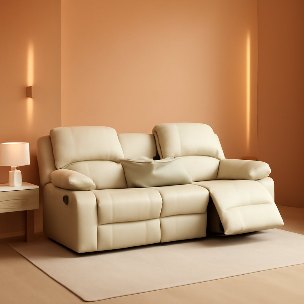 Beige Leather Recliner Sofa Set With Built In Coffee Table