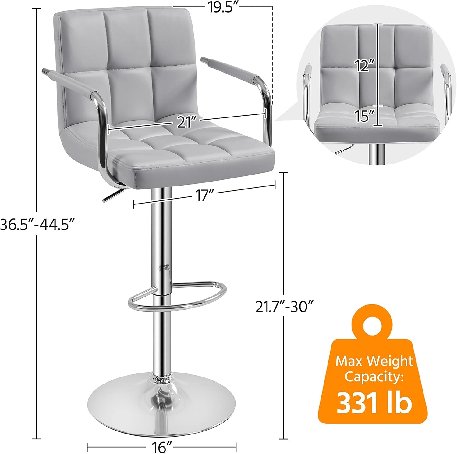 Light Grey Adjustable Swivel Bar Stools With Backrest, PU Leather, Set Of 2